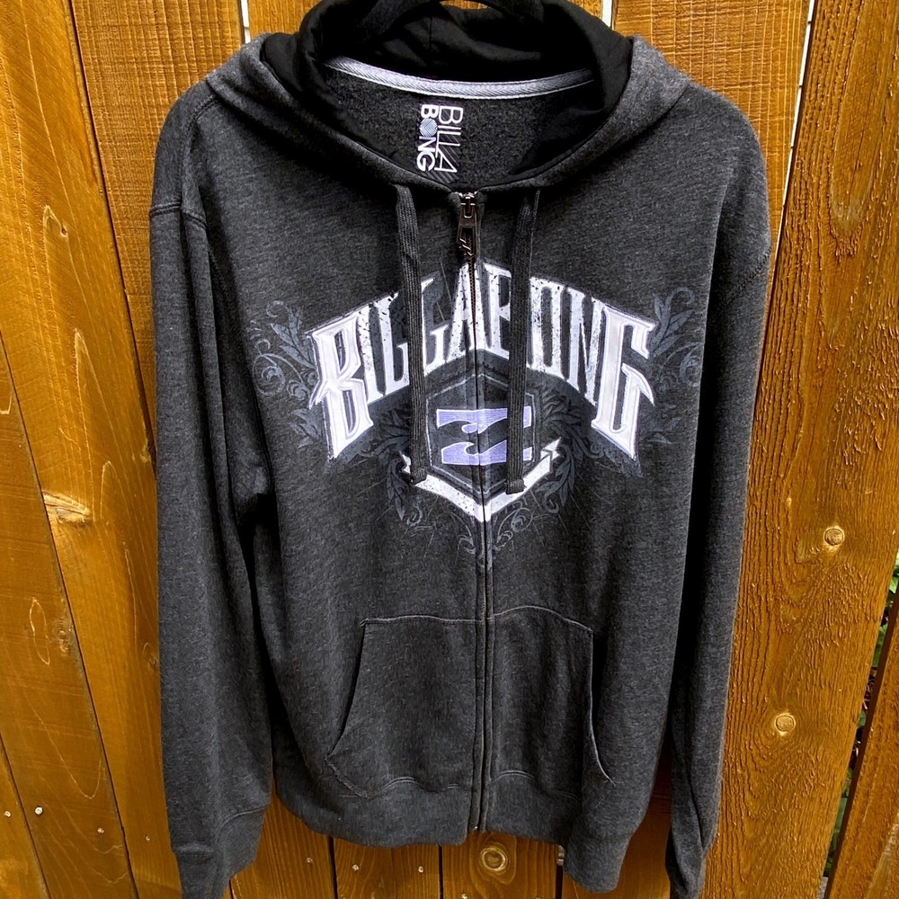 Y2K PAC SuN Billabong Gray Full Zip Hoodie Mens Large Graphic Logo Surf Skate